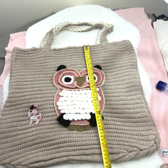 Owl Design Knit Tote Bag - Pink and Brown - Picture 3 of 9